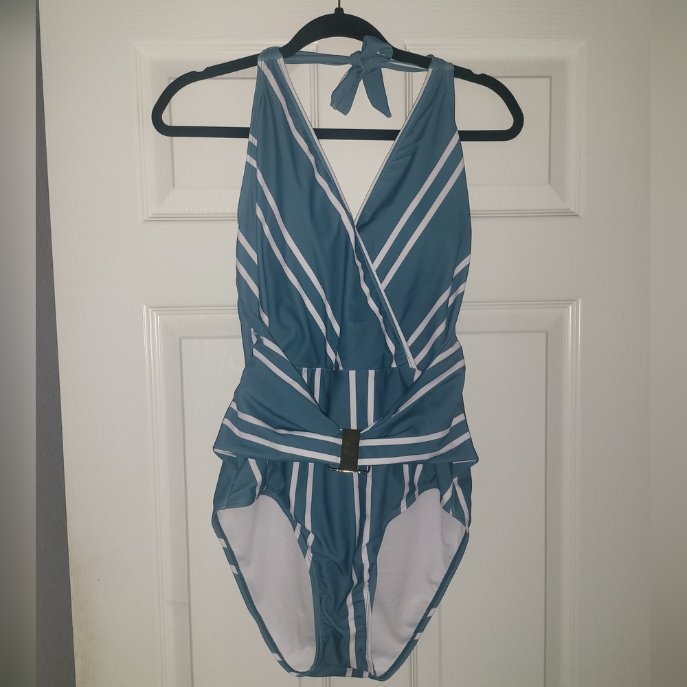 Grace Karin one piece striped swim suit with belted waist size L